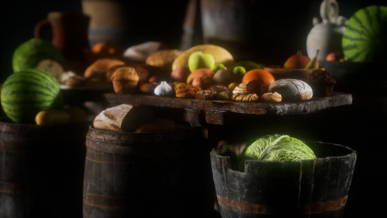 mesa de comida con barriles de vino y algunas frutas, verduras y pan