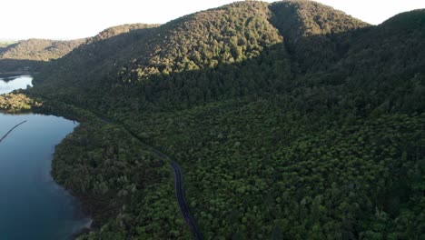 Seitwärts-Fliegen-über-Den-Blauen-See-Und-Den-Einheimischen-Farnbusch-In-Rotorua-Neuseeland