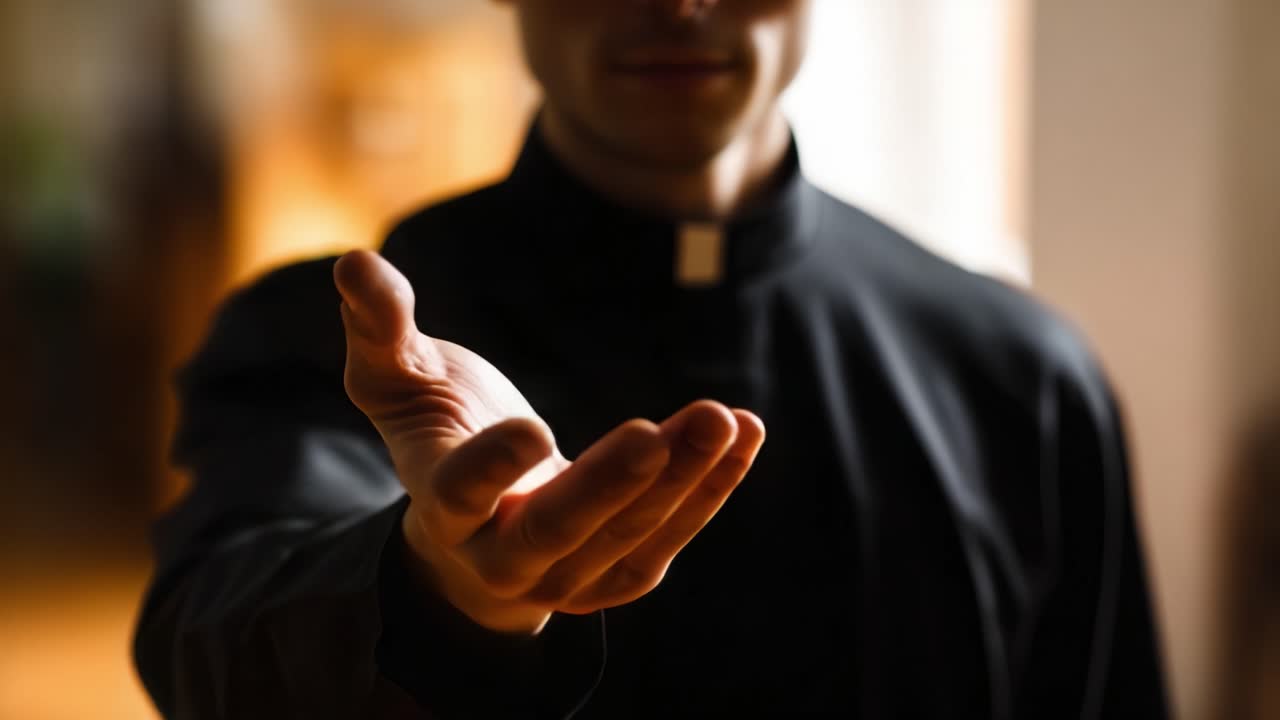 Riflessione su fede e guida: la mano aperta simboleggia aiuto, supporto e compassione da parte di un sacerdote in un ambiente con illuminazione soffusa