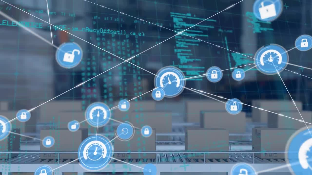 컨베이어 벨트에 있는 상자 위의 연결 네트워크와 아이콘의 애니메이션과 데이터 처리