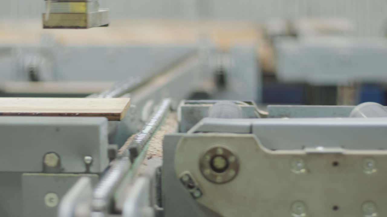 Wood Panel Moving on Automated Conveyor Belt in Factory