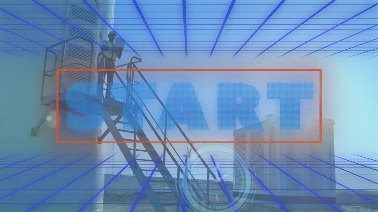 START text animation over worker on industrial staircase with grid overlay