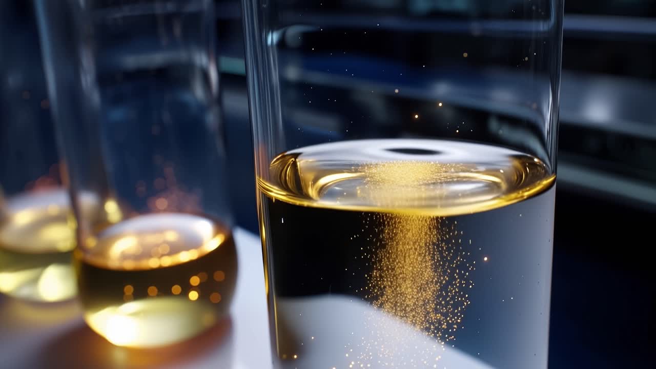 Captivating Laboratory Experiment: A Pipette Releases Sparking Drops into a Glass, Creating a Dazzling Display of Colorful Liquid in a Scientific Setting