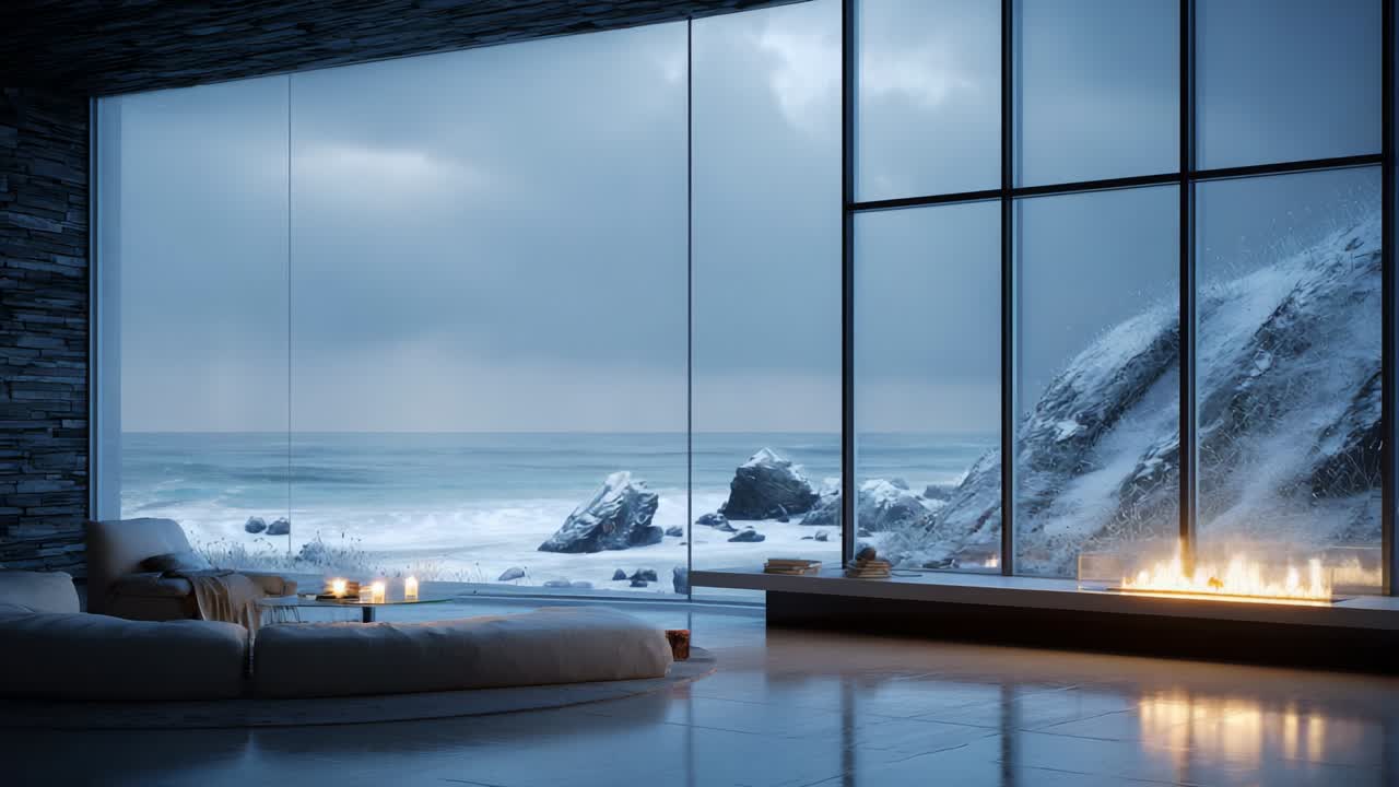 A Serene Winter Retreat: Cozy Interior Surrounded by a Majestic Snowy Coastal Landscape with a Gentle Ocean Breeze, Flickering Fireplace, and Comforting Soft Furnishings Inviting Relaxation and Tranquility