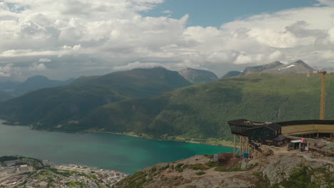 Fjord,-Andalsnes-Town-And-Green-Mountain-Range-From-Eggen-Restaurant-In-Norway