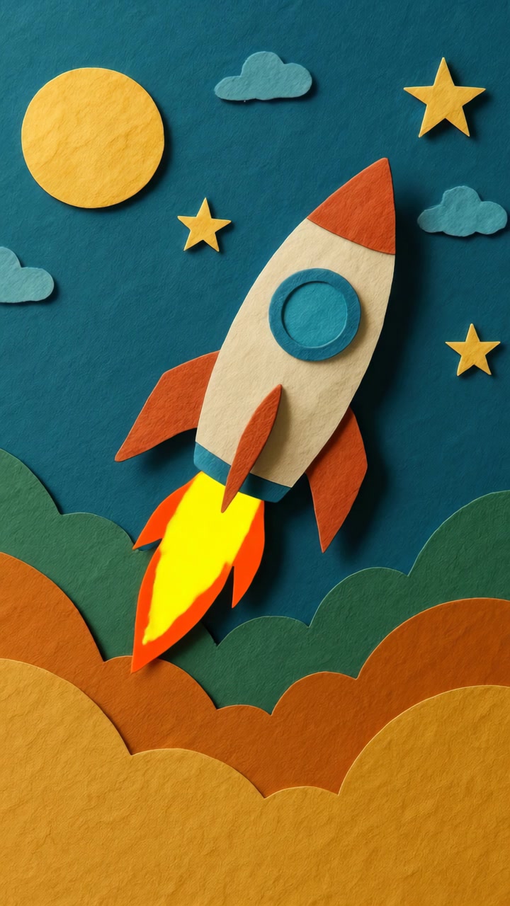 Paper Cut Rocket Launching into a Starry Sky