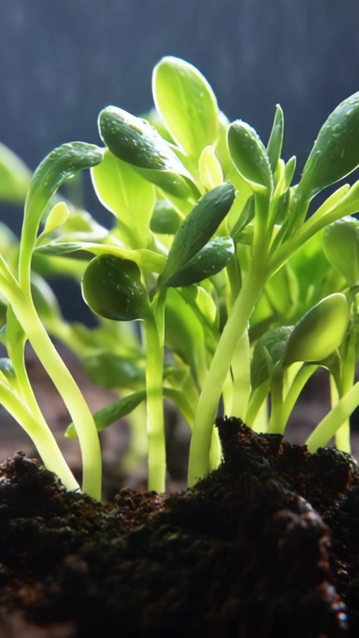 Primo piano di giovani germogli di girasole che crescono in terreno fertile, circondati da umidità e luce solare, che simboleggiano nuova vita e crescita nutrita in natura