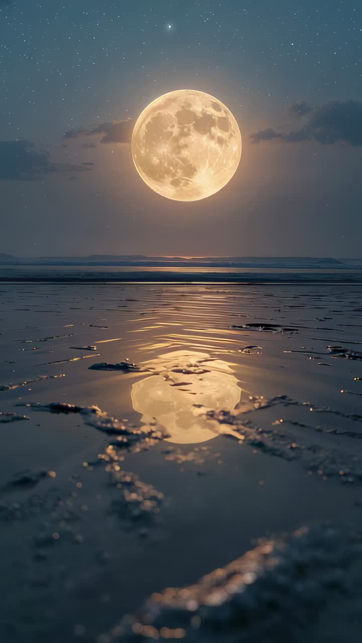 Vídeo vertical: criando reflexo, iluminação de lua cheia e areia molhada na costa com ondas ondulando