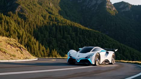 futuristic white sports car on mountain road