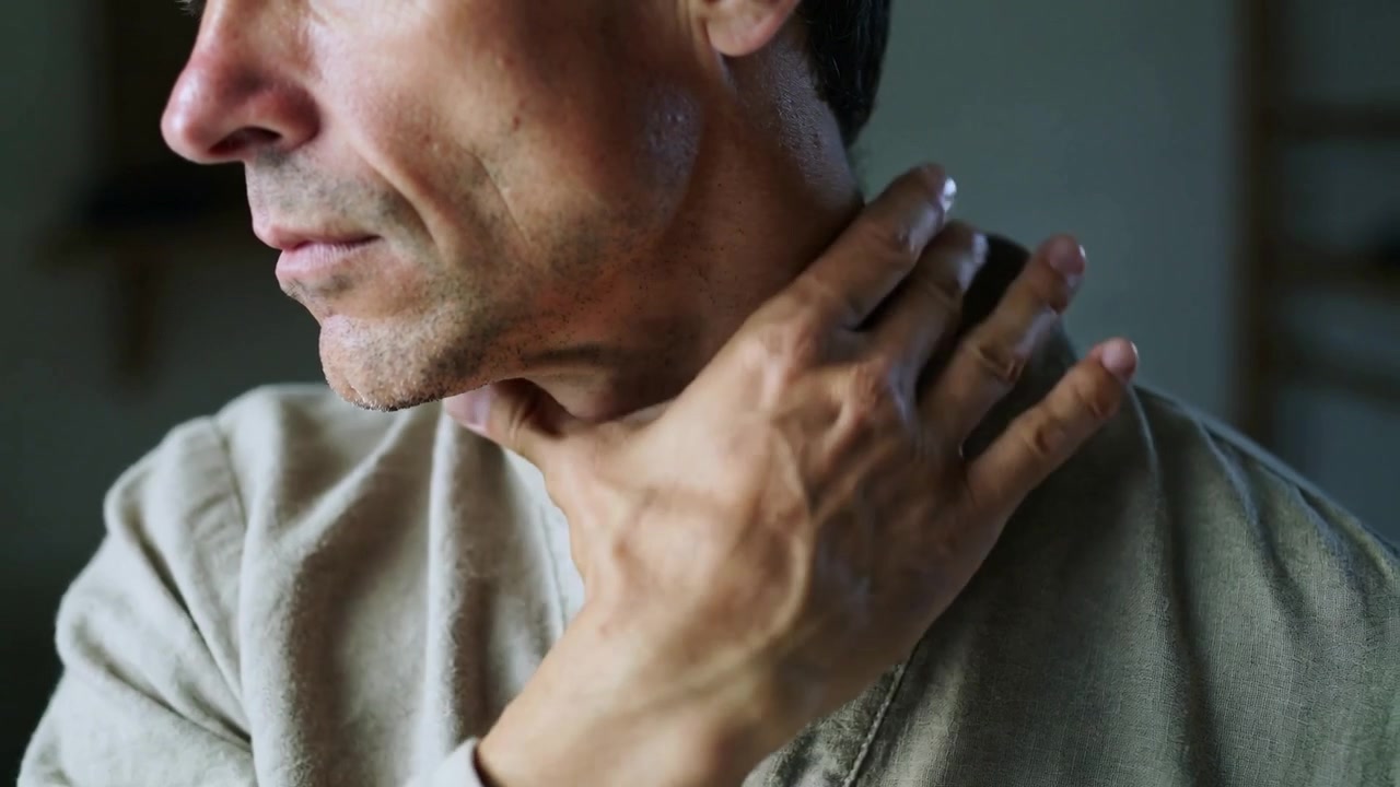 Uomo che si tocca il collo controllando la tensione, muovendo la mano lungo il collo a casa, aggiustando il colletto della camicia con un anello