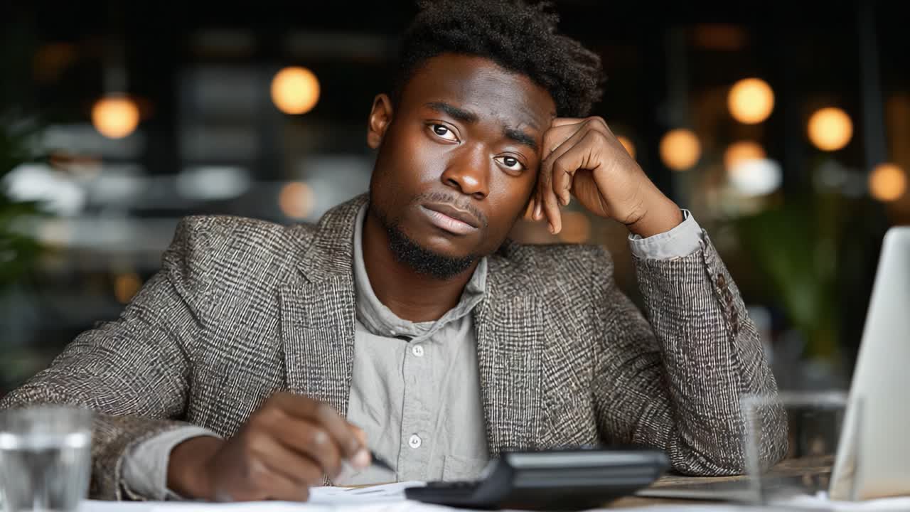 Pensive Young Man in Brown Blazer Contemplates as He Works, Surrounded by Soft Lighting and Modern Office Decor, Expressing Deep Thought and Focus
