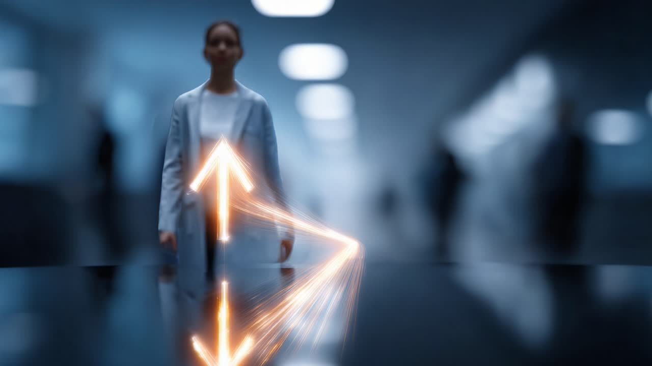 Uma figura determinada com jaleco se destaca, iluminada por setas brilhantes que significam progresso e inovação em um ambiente moderno e difuso