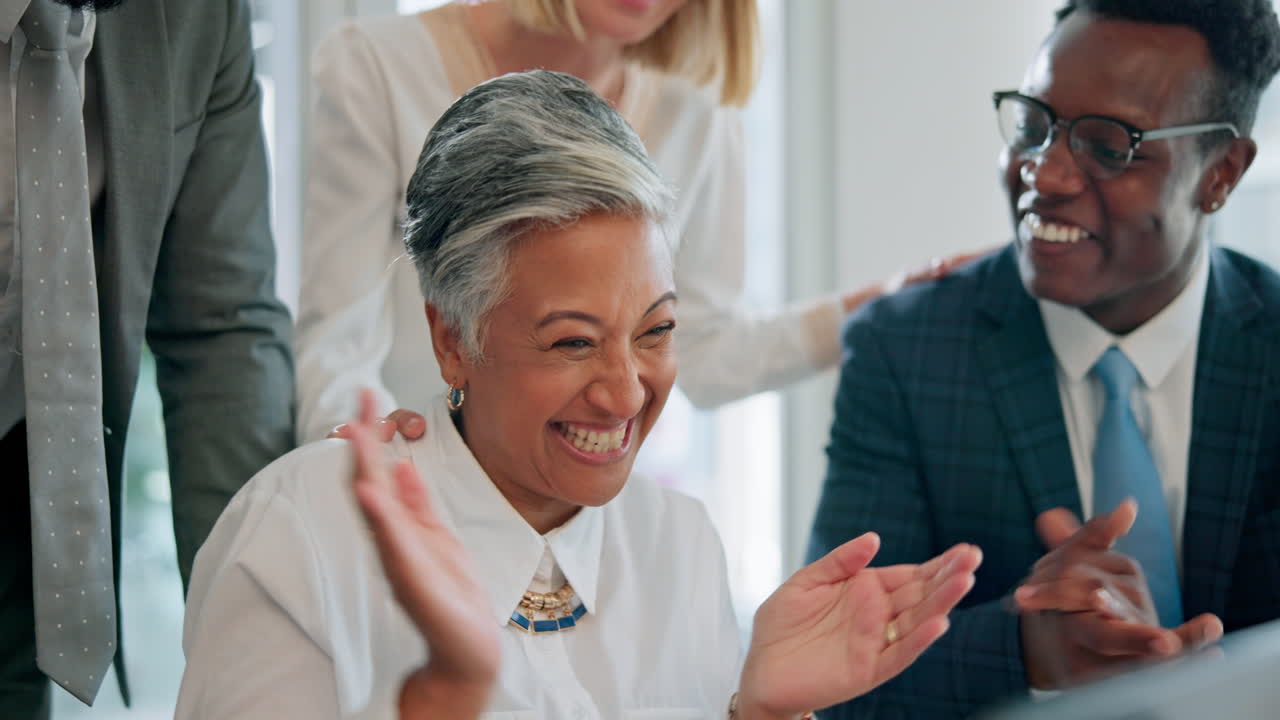Stock market, woman or happy traders clapping