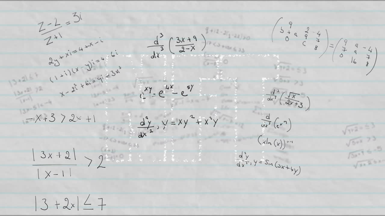 Animated illustration showing lined notebook covered with handwritten algebra and calculus formulas