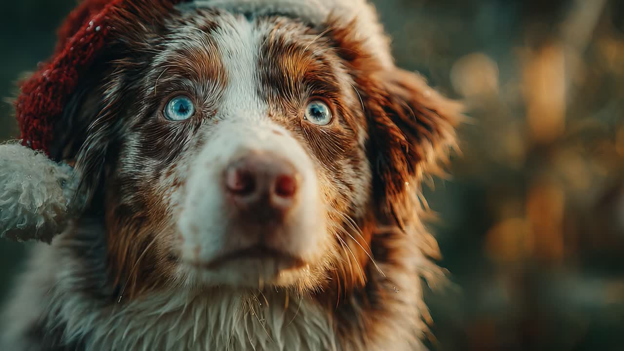 En festlig, pelsklædt ven: Fængslende nærbillede af en hund med en julemandshat, der udstråler julestemning med udtryksfulde blå øjne og blød pels