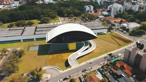 aerial view of modern art museum oscar niemeyer, know as mon, located in curitiba, paraná, brazil