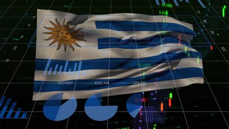 Animation-of-graphs-and-data-processing-over-flag-of-argentina-on-black-background