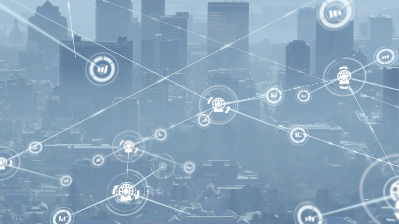 都市風景上のアイコンの接続ネットワークのアニメーション