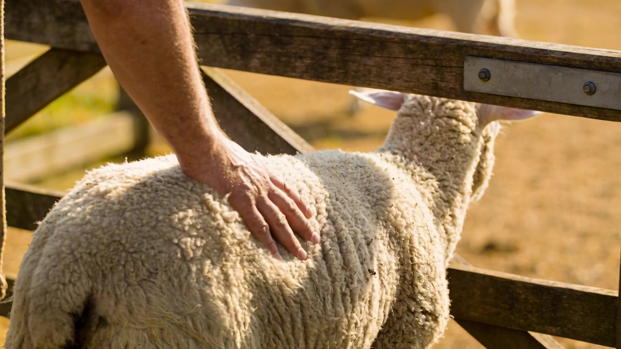 Placing hand, farmer in short-sleeved shirt stroking sheep's fleece at wooden gate, calming animal