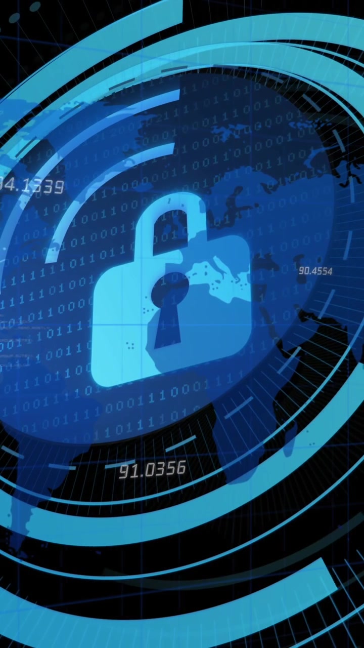 Animation of security padlock on round scanner over world map against black background