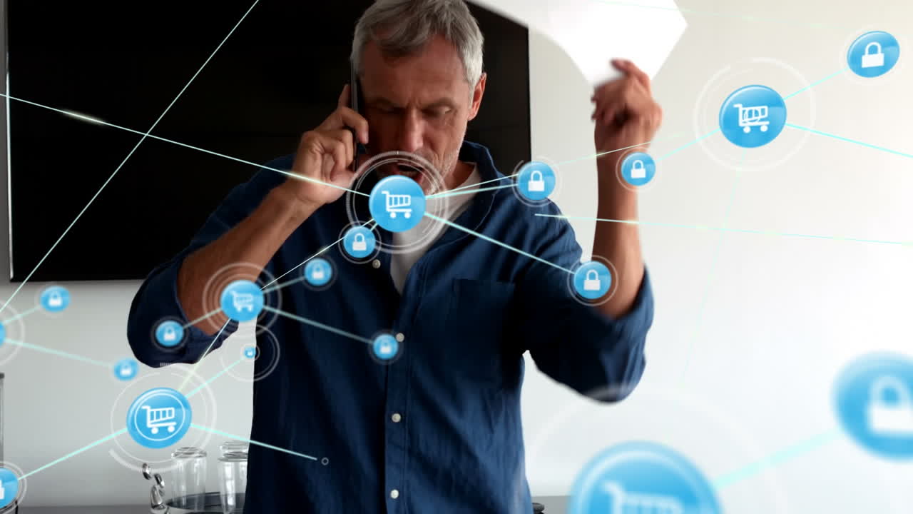 animación de una red de iconos digitales contra un anciano caucásico enojado hablando en su teléfono inteligente