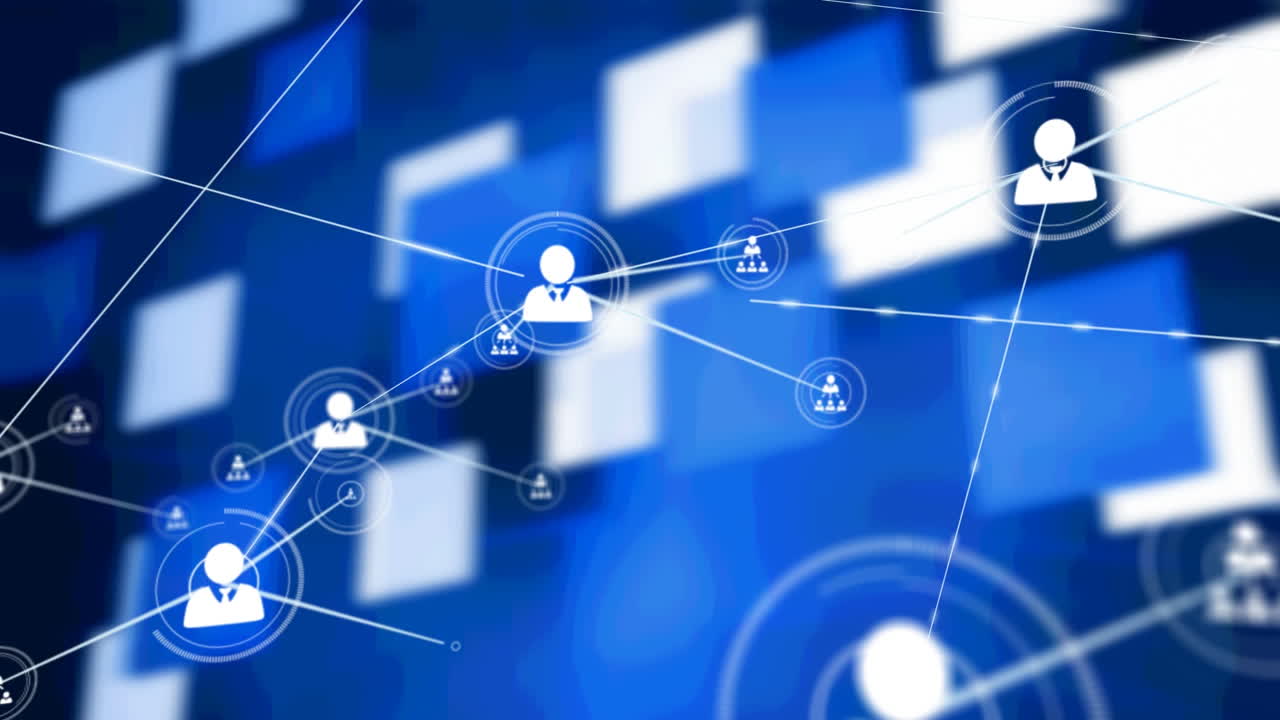 animación de redes de conexiones con iconos sobre formas azules sobre fondo negro