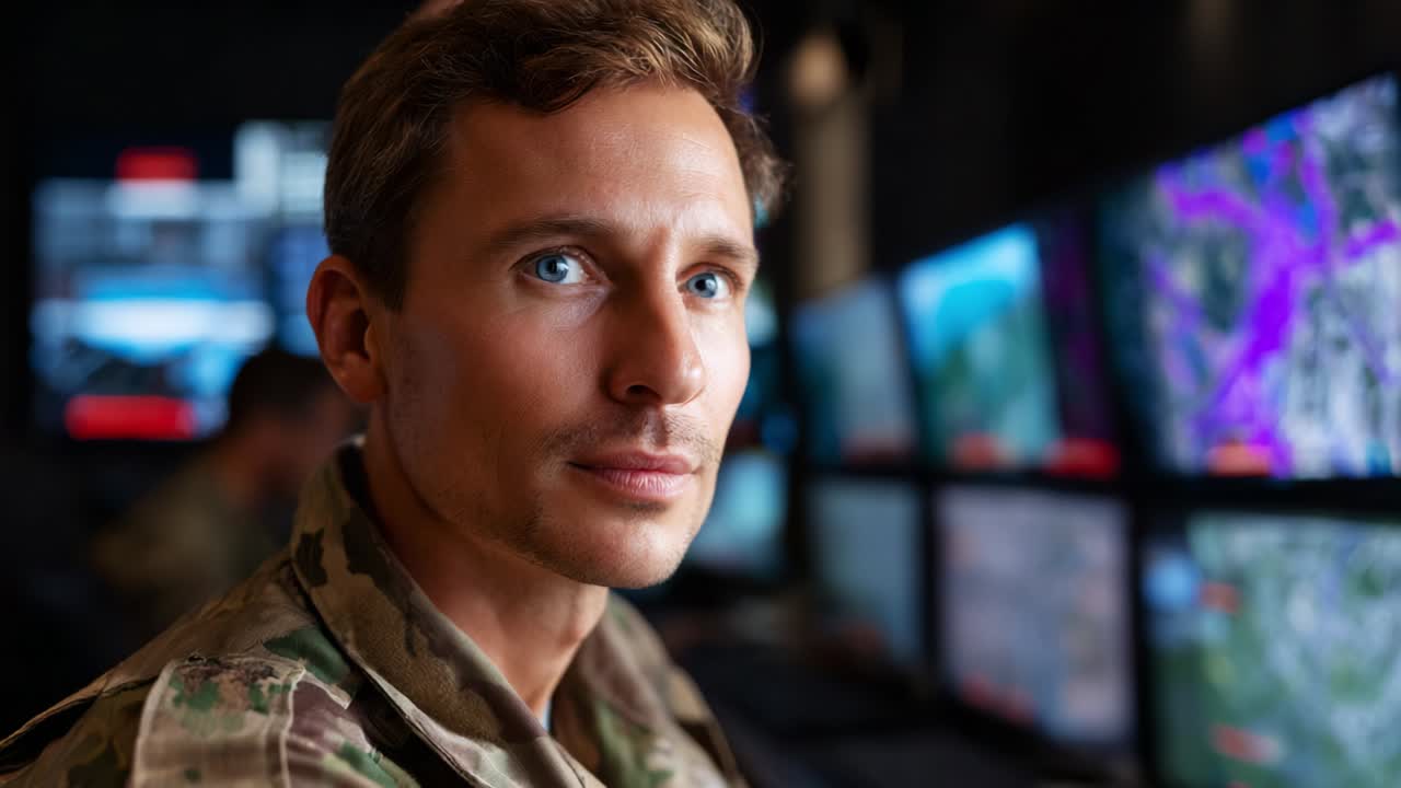 Focused Soldier Analyzing Data in High-Tech Command Center, Intently Engaged with Surveillance Technology and Tactical Screens, Representing Modern Military Operations and Intelligence Gathering