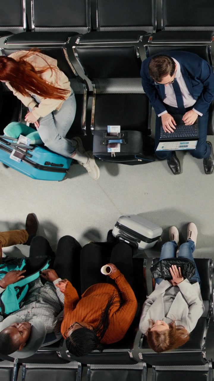 Vista dall'alto di viaggiatori in attesa e in partenza in un terminal aeroportuale