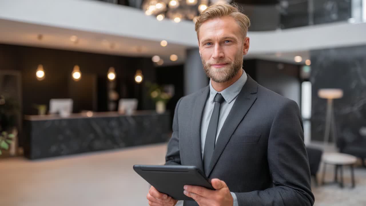 A Professional Male Attendant in a Stylish Lobby Holding a Tablet, Showcasing Commitment to Customer Service and Modern Business Practices