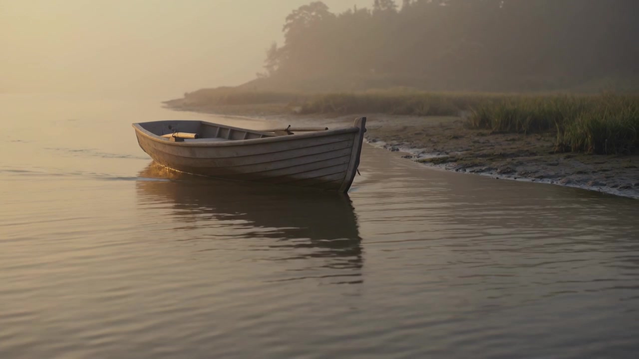La marea spinge una barca a remi di legno che si muove lentamente verso la riva fangosa, con la prua che si avvicina e i remi all'interno