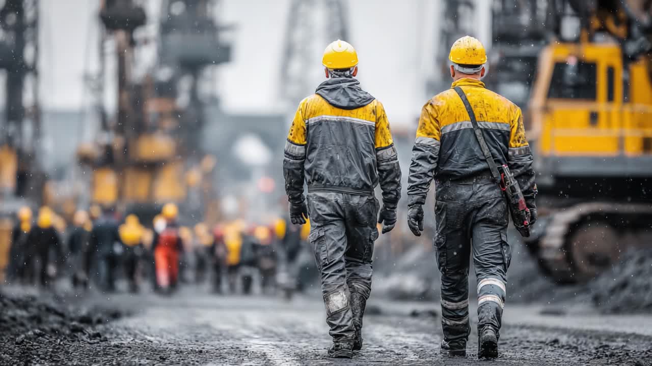 Two construction workers in high-visibility gear walk together through a busy industrial site, surrounded by machinery and fellow workers, under cloudy weather conditions