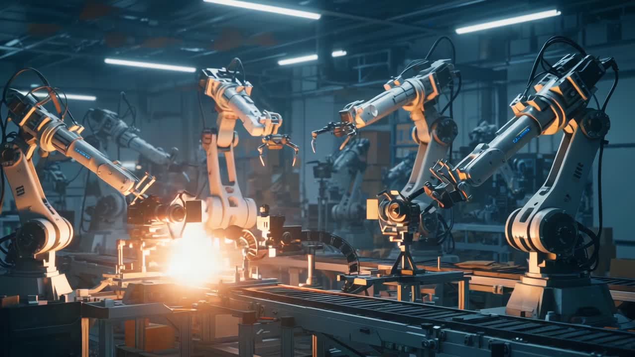 An Insight into Automated Manufacturing: A High-Tech Industrial Scene with Robotic Arms Performing Precision Tasks and Creating Sparks in a Modern Production Facility