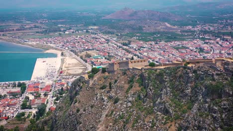 nafplio city and palamidi fortress filmed from drone, nice view of mountain and sea