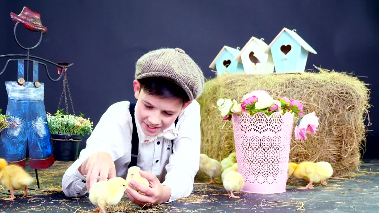 Village, stylishly dressed cute boy playing with ducklings and chickens, studio video with thematic decor. In the background a haystack, colored bird houses, and flowers