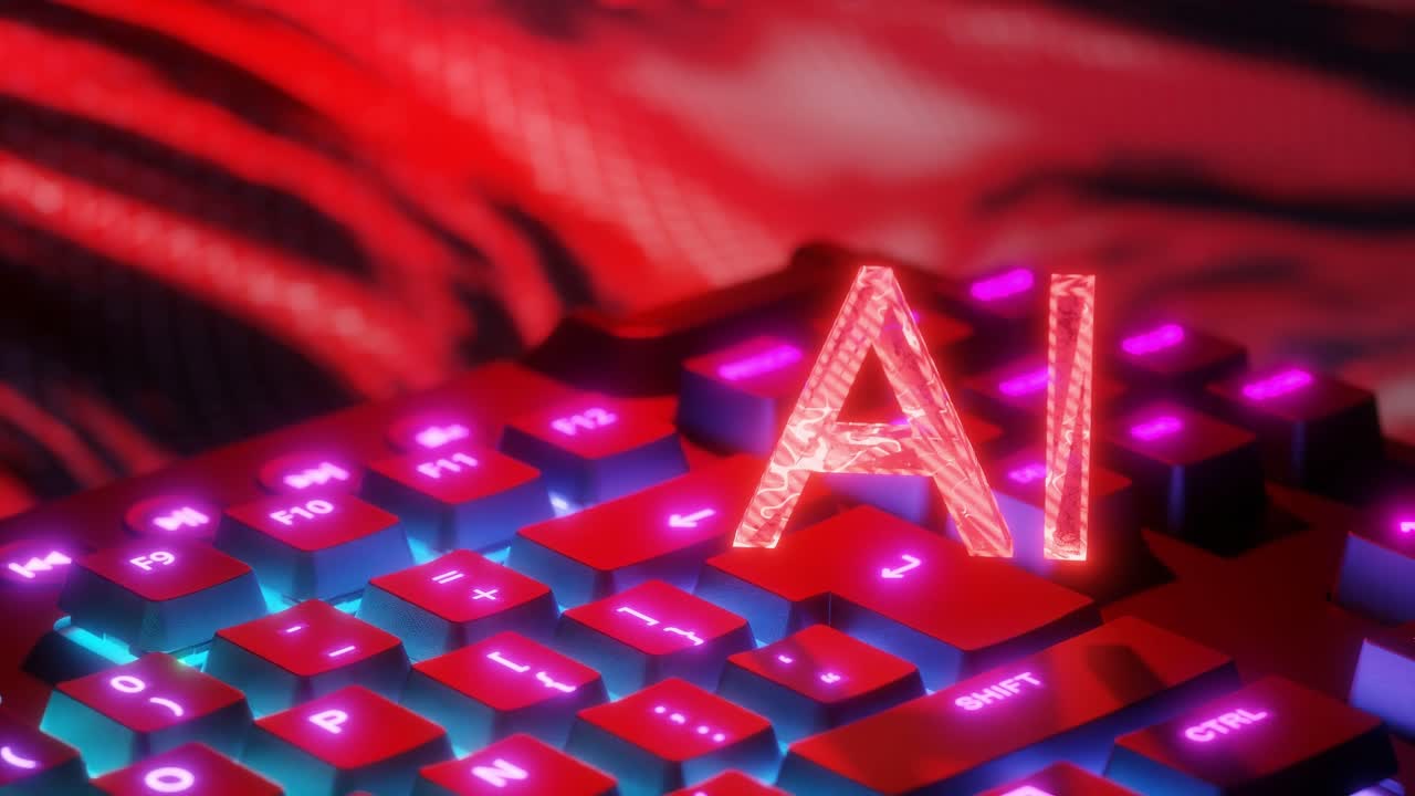 Glowing red letters AI above illuminated computer keyboard with digital background. Artificial intelligence and technology concept. Design for banner, poster, wallpaper, header