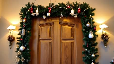 decoración de la puerta de navidad con corona y luces