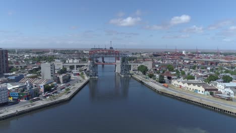 aerial drone scene of puente transbordador nicolas avellaneda bridge in buenos aires argentina