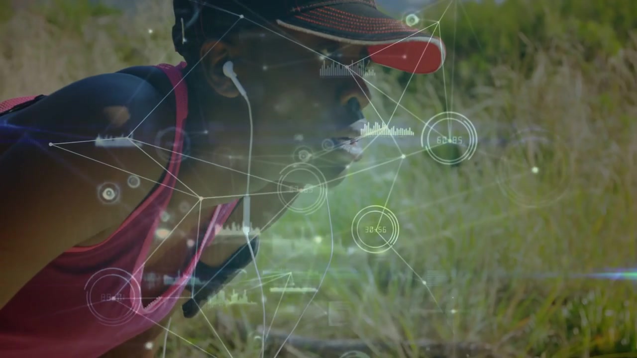 Corridore donna chinata in avanti, che respira dopo uno sprint, con HUD animato che mostra i parametri vitali per il fitness.