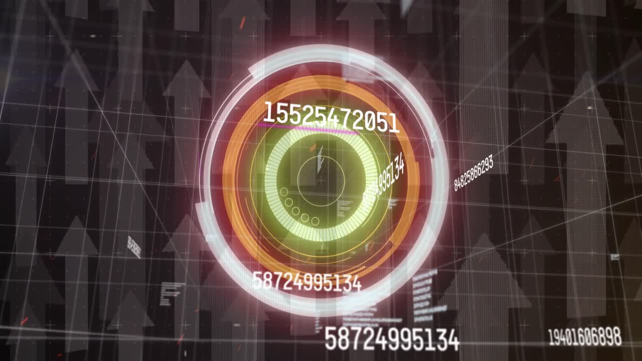 Animation of scope scanning, numbers changing and data processing with arrows in background