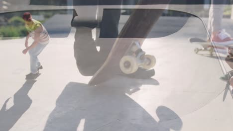 Animation-of-legs-of-man-with-skateboard-over-caucasian-man-skateboarding
