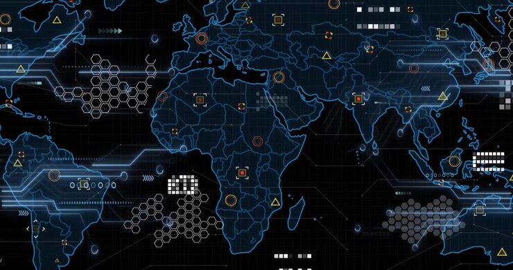 Animation of data processing and world map over dark background