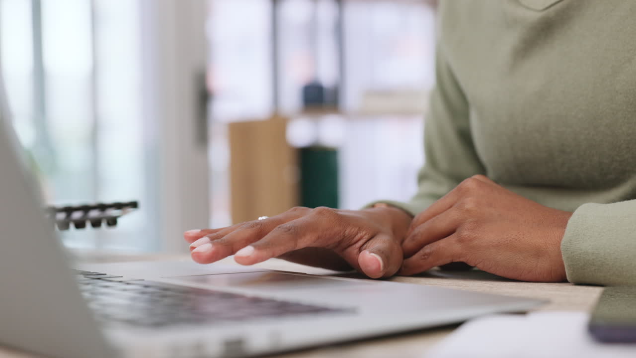 Woman hands, student and laptop typing