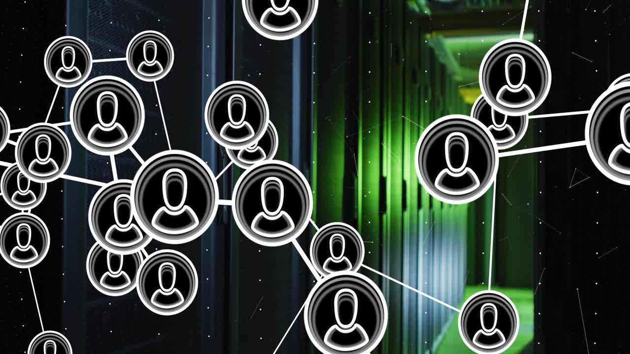 red de personas iconos que se mueven sobre verde iluminado, habitación de servidor de computadora oscura
