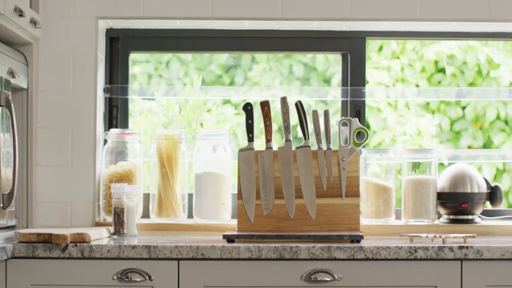 Empty house interior of kitchen with knifes in row on table