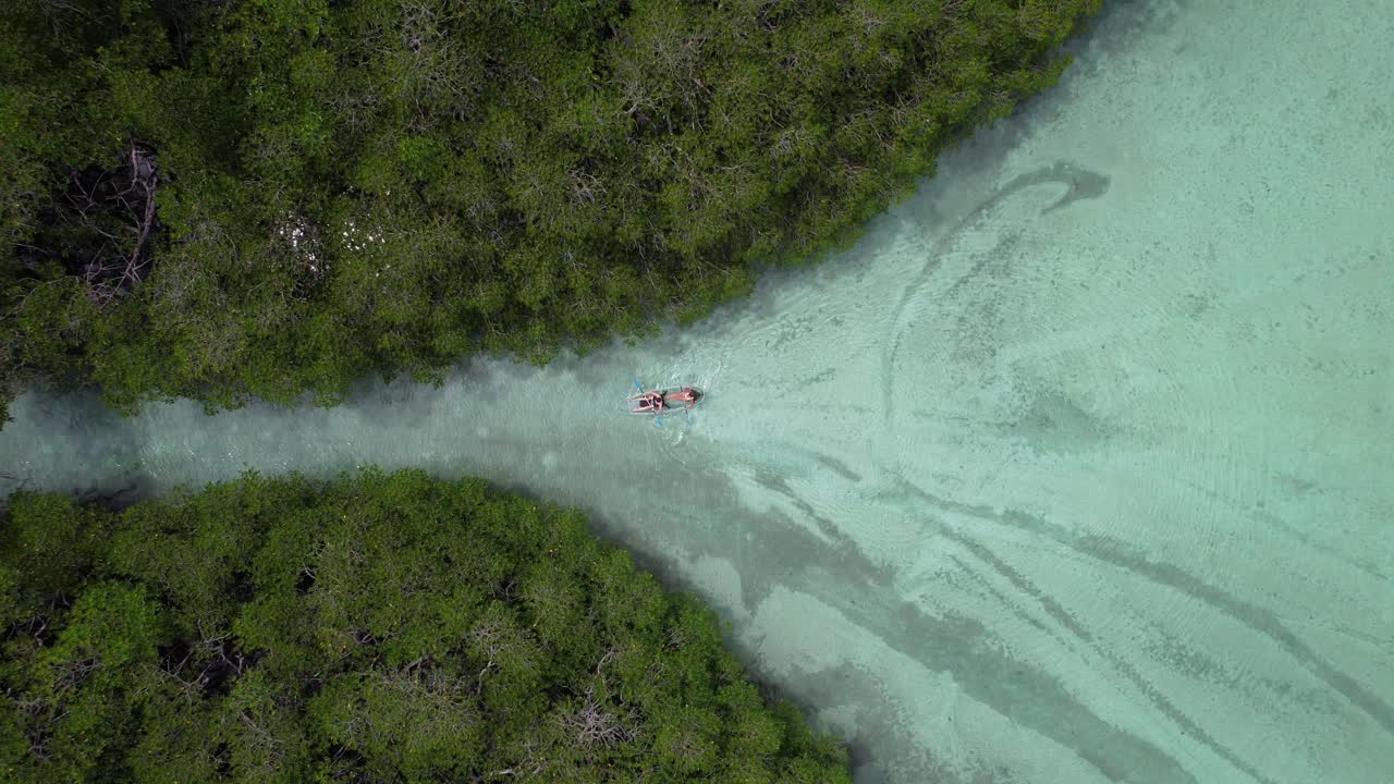 two tourists kayaking on a turquoise river in a mangrove forest in Belitung Indonesia, aerial birds eye view