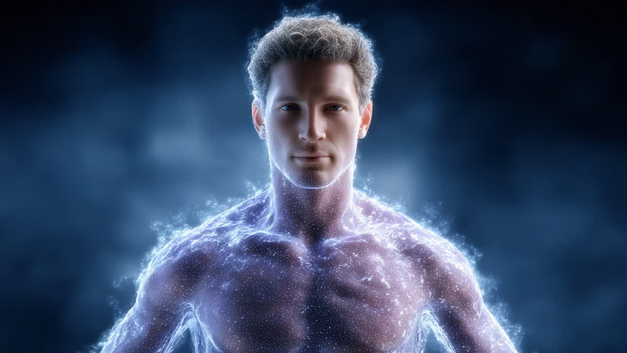 A mesmerizing visual transformation showcases a powerful figure emanating electric energy, symbolizing strength, vitality, and the connection between humanity and the universe