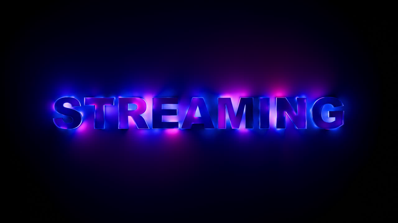 Streaming Neon Text Loop with Futuristic Gradient Glow and Motion Lighting. Looped animation. 3D rendering