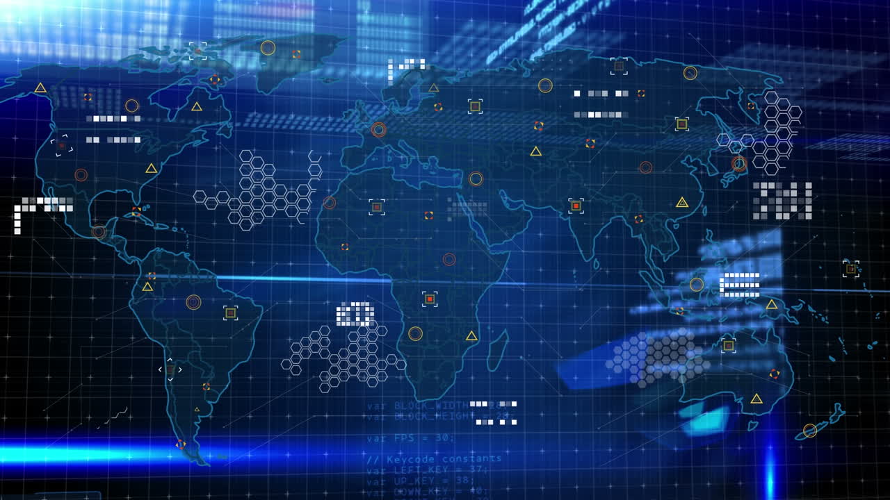 animación del procesamiento de datos sobre el mapa del mundo sobre fondo negro
