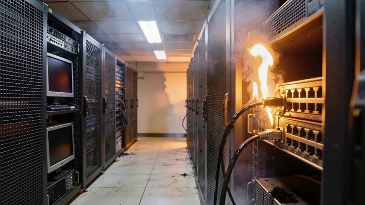 Sparking connector igniting network switch and thick cable in server room, copy space