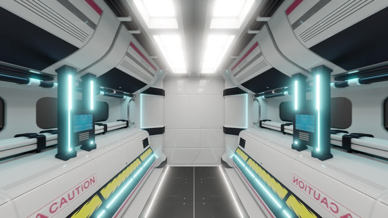 Interior of a spacecraft door with neon lights, 3d render